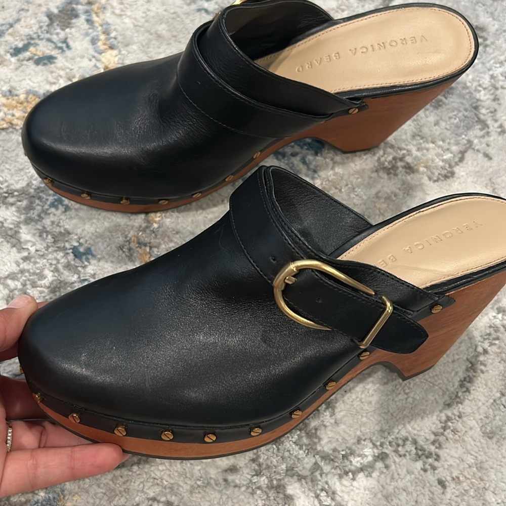 Veronica Beard Black and Brown Mules with Gold Accents - Picture 12 of 16